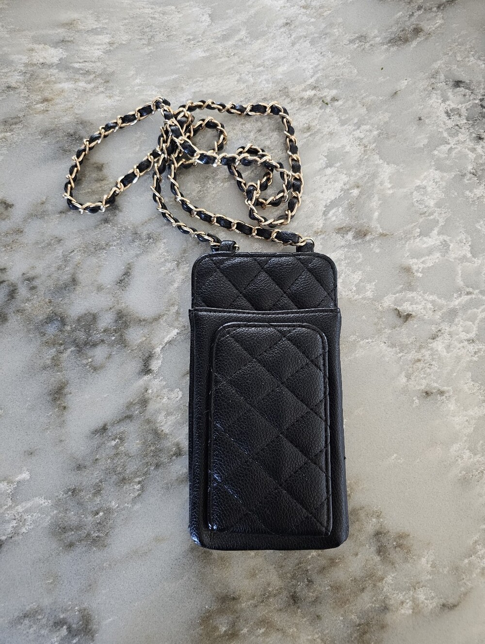 Black Quilted Crossbody Wallet Card Money Holder Chain Strap